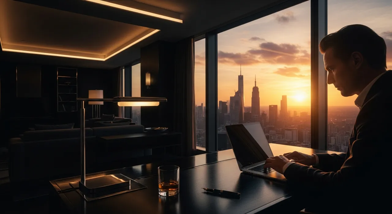 Successful entrepreneur working in a luxury high-rise apartment at sunset