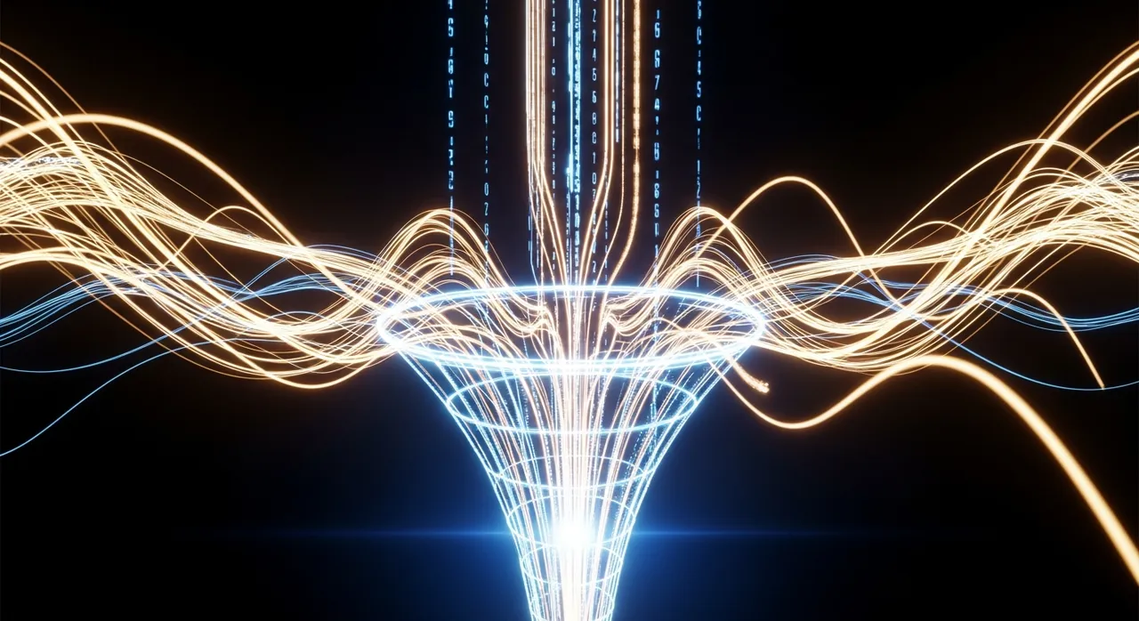 Abstract 3D visualization of digital traffic flowing into a funnel